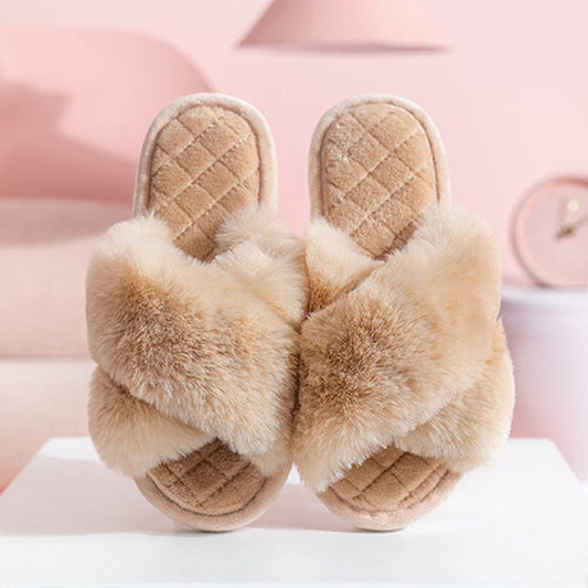 Cross-strap Furry Slippers Warm House Shoes For Women Winter Casual Flip Flops Fluffy Shoes Slides Soft Plush Home Indoor Slippers shoes fashion novaa