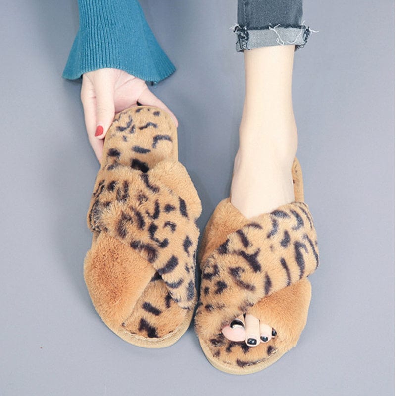 Cross-strap Fuzzy Slippers Leopard Plush House Shoes Flat Bedroom Slippers Slippers For Women shoes fashion novaa