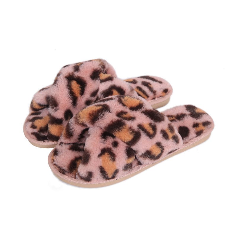 Cross-strap Fuzzy Slippers Leopard Plush House Shoes Flat Bedroom Slippers Slippers For Women shoes fashion novaa