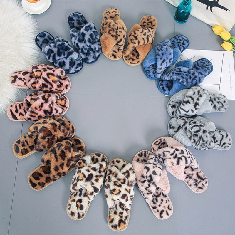 Cross-strap Fuzzy Slippers Leopard Plush House Shoes Flat Bedroom Slippers Slippers For Women shoes fashion novaa