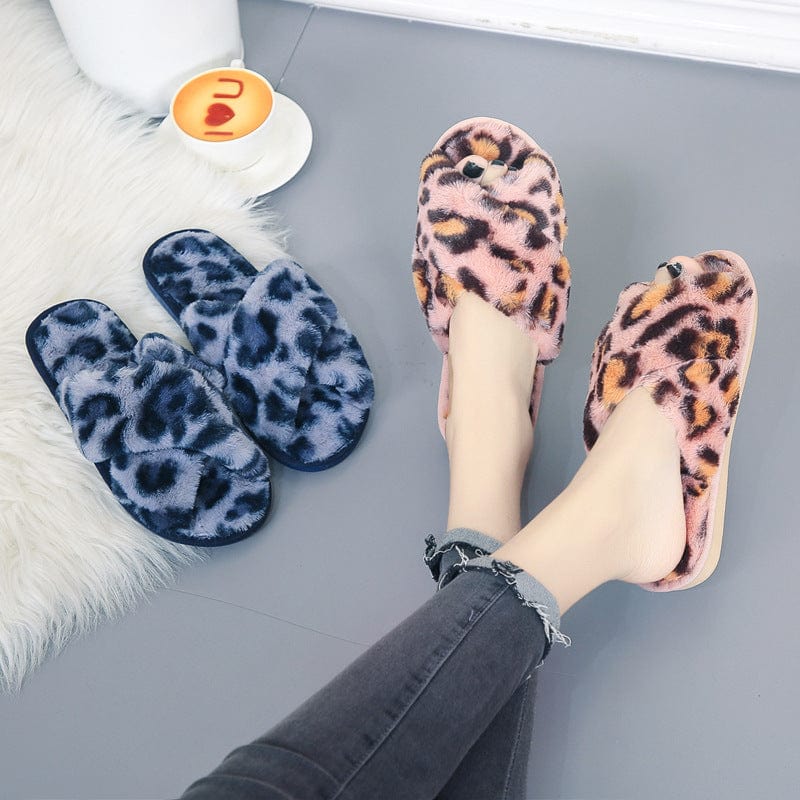 Cross-strap Fuzzy Slippers Leopard Plush House Shoes Flat Bedroom Slippers Slippers For Women shoes fashion novaa