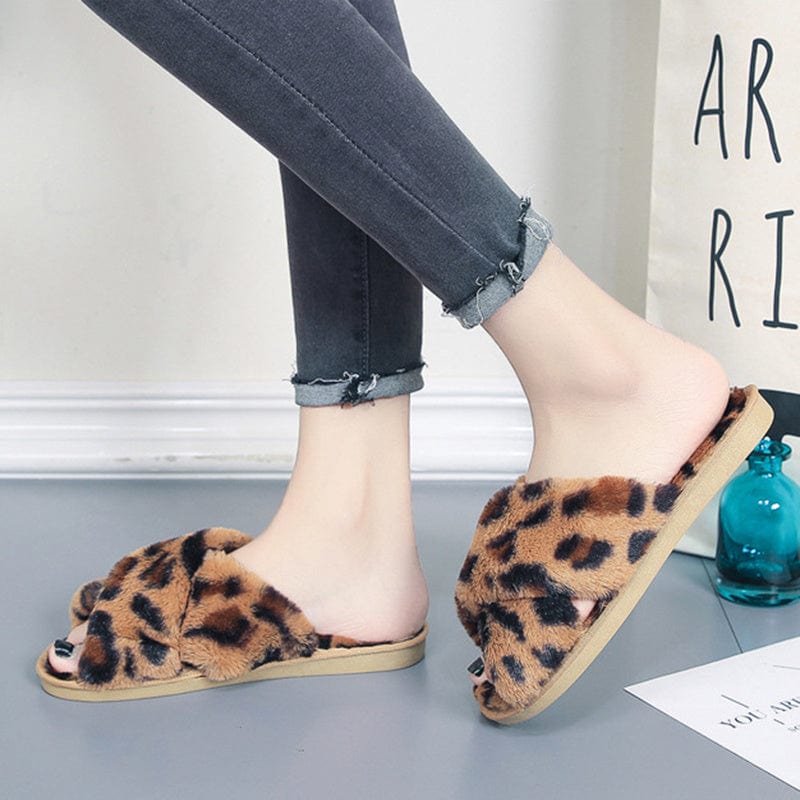 Cross-strap Fuzzy Slippers Leopard Plush House Shoes Flat Bedroom Slippers Slippers For Women shoes fashion novaa