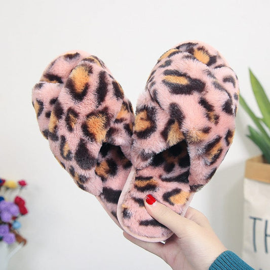 Cross-strap Fuzzy Slippers Leopard Plush House Shoes Flat Bedroom Slippers Slippers For Women shoes fashion novaa