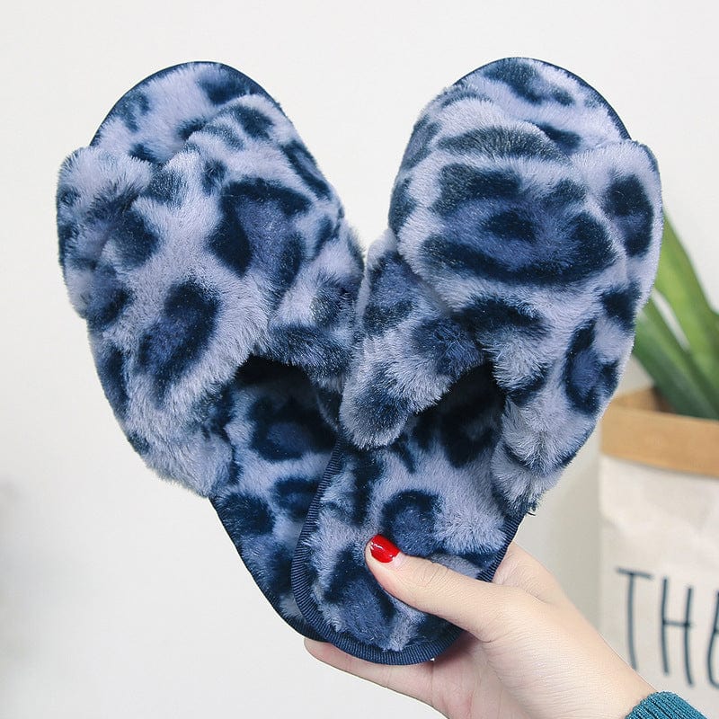 Cross-strap Fuzzy Slippers Leopard Plush House Shoes Flat Bedroom Slippers Slippers For Women shoes fashion novaa Dark blue leopard 36to37