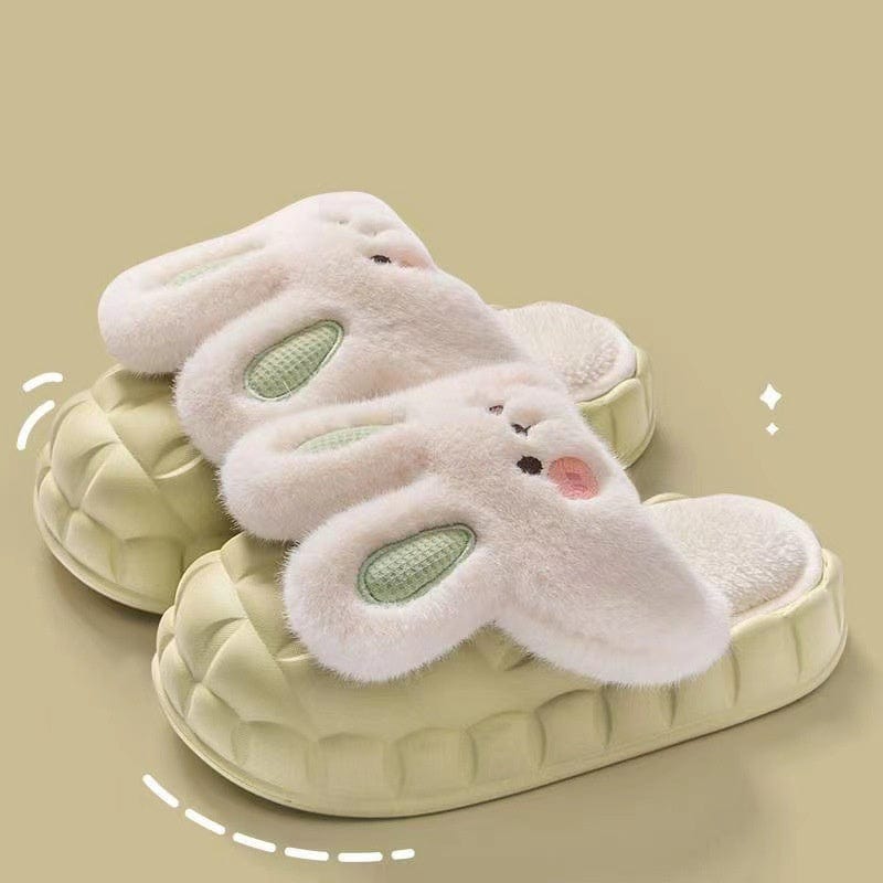 Cute Rabbit Shoes Winter Fuzzy Slippers Women Detachable Washable House Shoes shoes fashion novaa Green 36to37