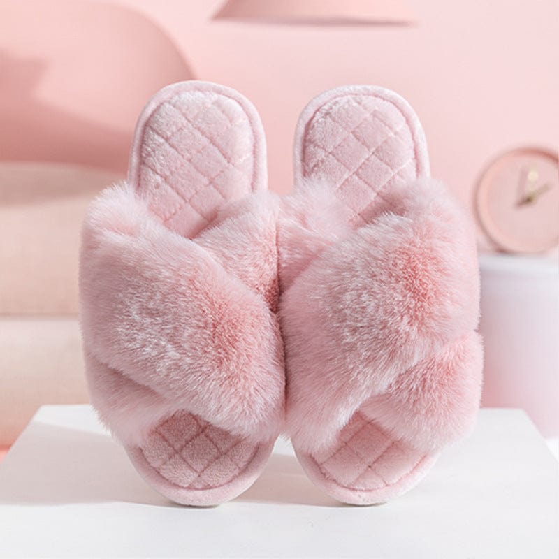 Cross-strap Furry Slippers Warm House Shoes For Women Winter Casual Flip Flops Fluffy Shoes Slides Soft Plush Home Indoor Slippers shoes fashion novaa Pink 36to37