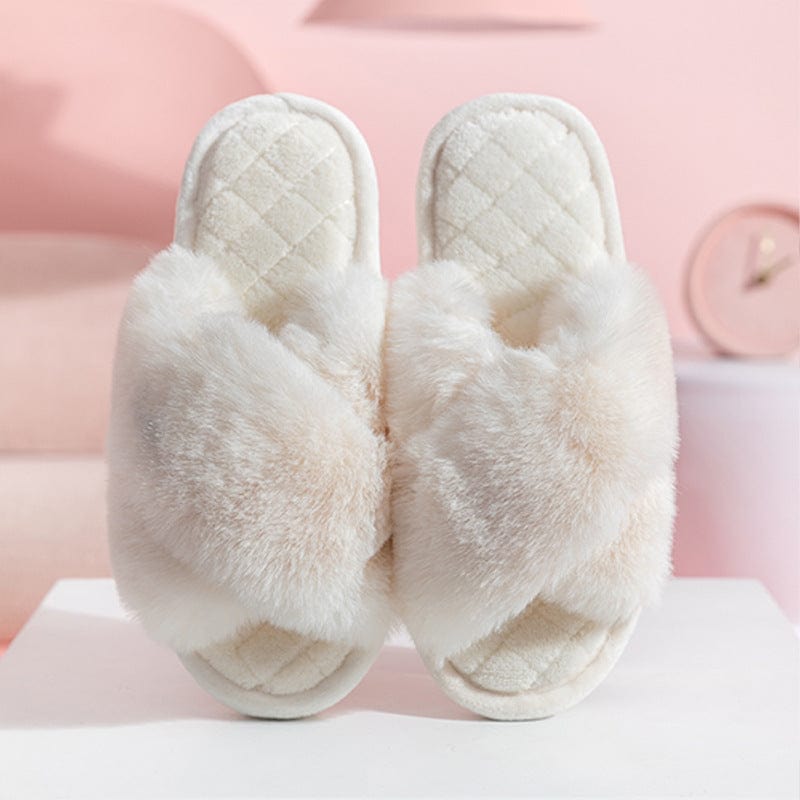 Cross-strap Furry Slippers Warm House Shoes For Women Winter Casual Flip Flops Fluffy Shoes Slides Soft Plush Home Indoor Slippers shoes fashion novaa White 36to37
