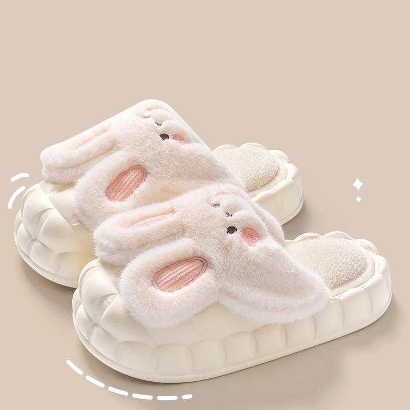 Cute Rabbit Shoes Winter Fuzzy Slippers Women Detachable Washable House Shoes shoes fashion novaa White 36to37